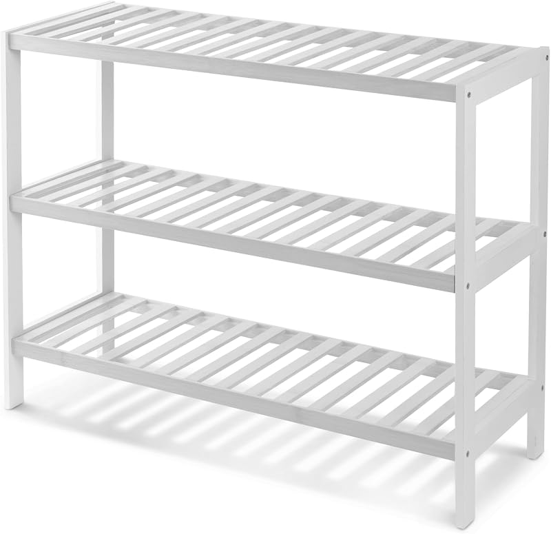 KEPLIN Natural Bamboo 3 Tier Shoe Rack White 70x55x25cm 9 Pairs
