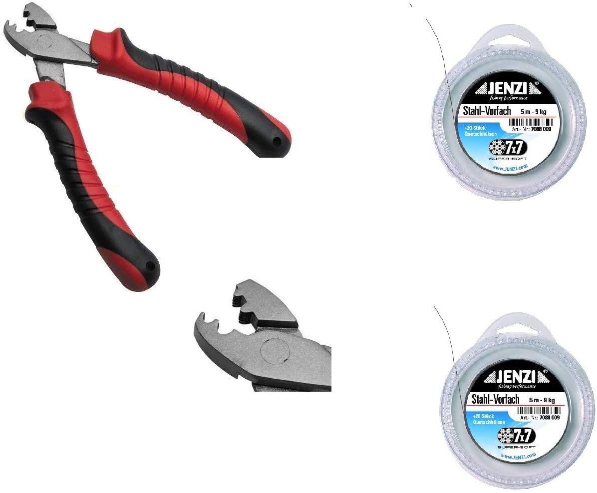 Top Leader Set 2 x Steel Leader by Jenzi 7 x 7 9 kg, 5 m, 20 Crimp Sleeve Pliers and Petri Heil! Sticker