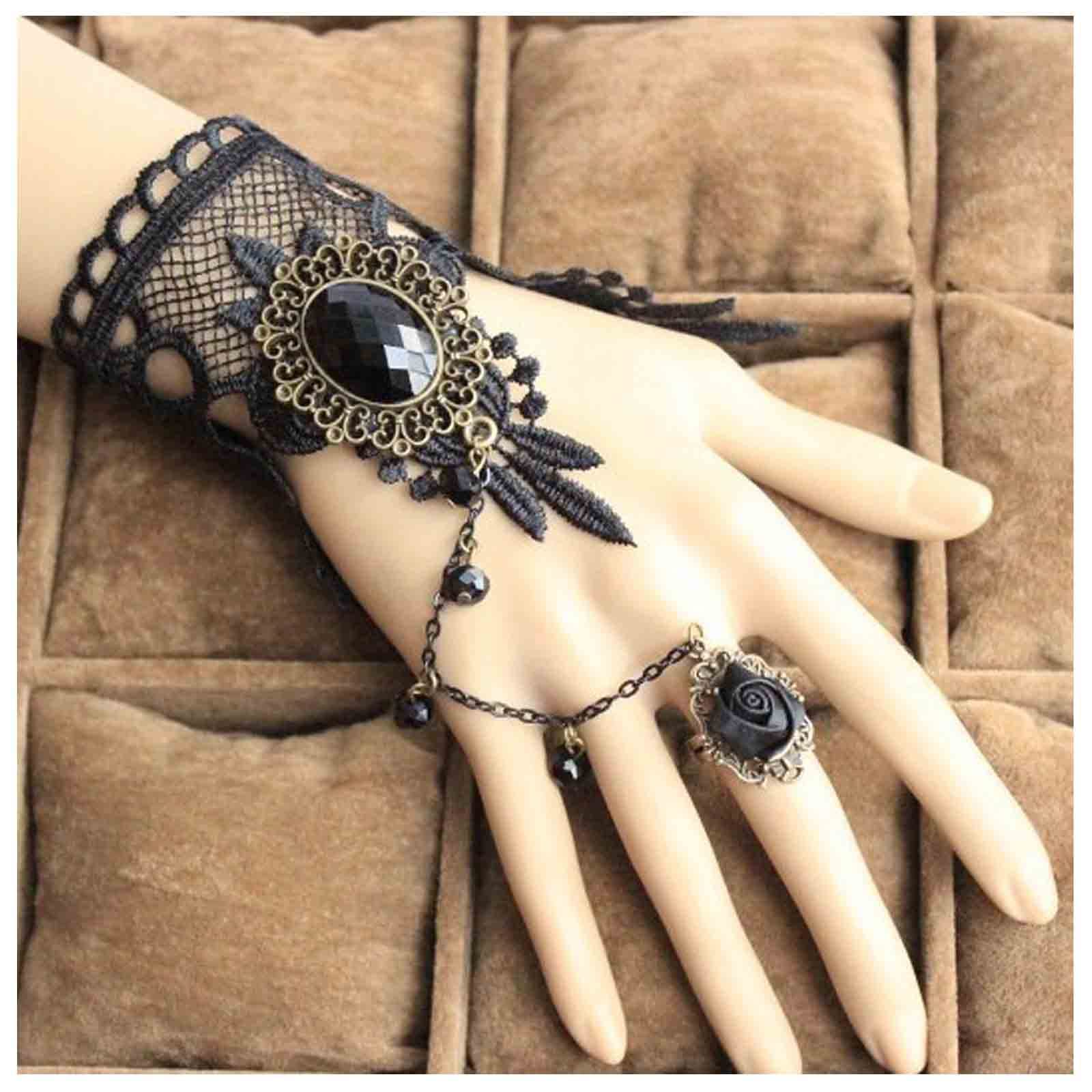 Yheakne Vintage Black Crystal Finger Bracelet Black Lace Bracelet with Ring Wrist Bracelet Punk Layered Slave Bracelet Retro Black Hand Chain Jewelry for Women and Girls (Lace A)