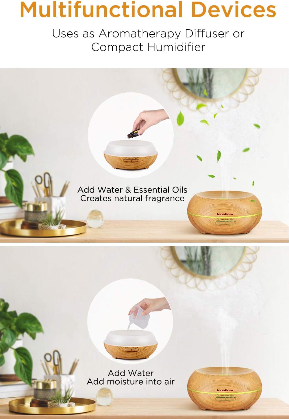 InnoGear Diffusers for Essential Oils, Wood Grain Essential Oil Diffuser Ultrasonice Aromatherapy Diffusers Aroma Cool Mist Humidifier with Timer Waterless Auto Off, 200ml, Yellow: Home & Kitchen