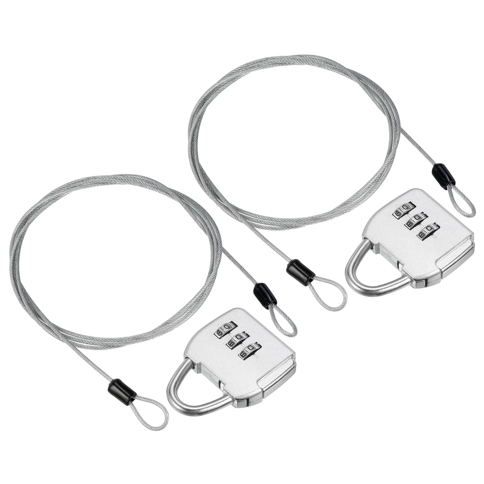 PATIKIL Security Steel Cable with 3 Digit Combination Lock, 2 Set Travel Padlock 4.9Ft Coated Safety Wire Rope Double Loop for Luggage Suitcase, Silver
