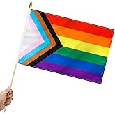 Yingnner 12 Pack Progress Pride Rainbow Gay Stick Flag Small 12x18 Inch Hand Held LGBTQ Flags with 24 Inch Wooden Pole Decorations