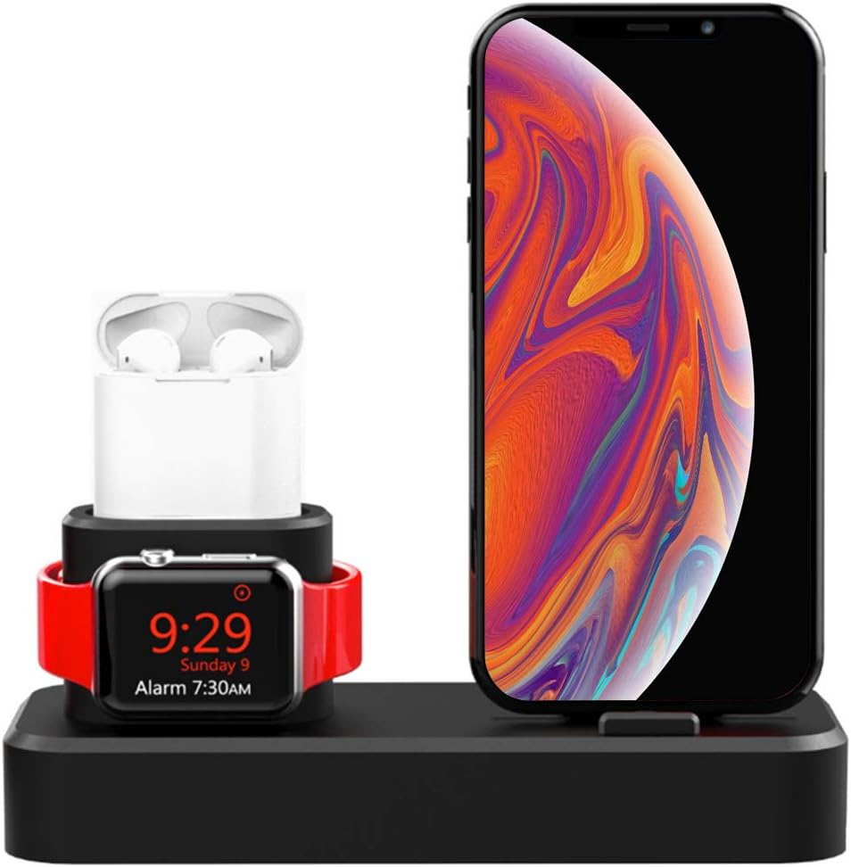 Charging Stand Dock for iPhone,3 in 1 Silicone Charging Stand Holder for Apple Watch iPhone AirPods,Compatible for Apple Watch Series 4/3/2/1/AirPods iPhone Xs/Xs Max/8/8 Plus