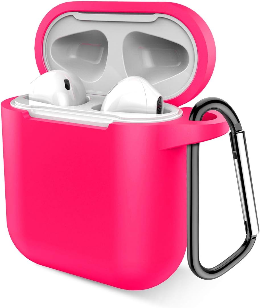 Airpods Case, Music tracker Protective Thicken Airpods Cover Soft Silicone Chargeable Headphone Case with Anti-Lost Carabiner for Apple Airpods 1&2 Charging Case (Rose)