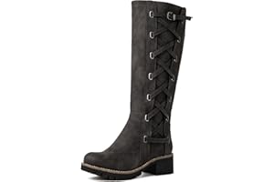 GLOBALWIN Women's Knee High Boots Riding Boots For Women Wide Calf Motorcycle Boots Low Heel With Side Zipper