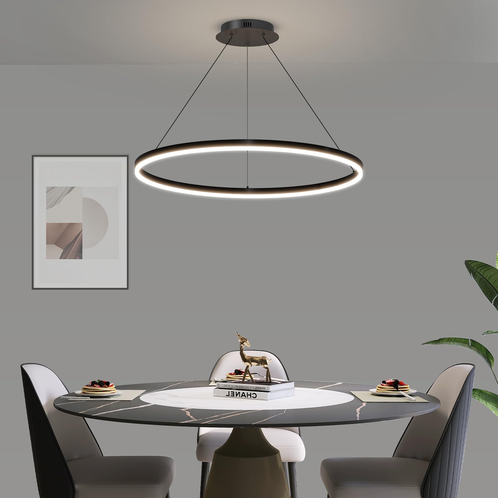 Mikeru 40cm Round Dining Table Pendant Lights, Dimmable Chandelier 10% to 100% LED Kitchen Pendant Light 3000K/4500K/6500K 3 Color Change Height Adjustable Pendant Light for Island, Living Room