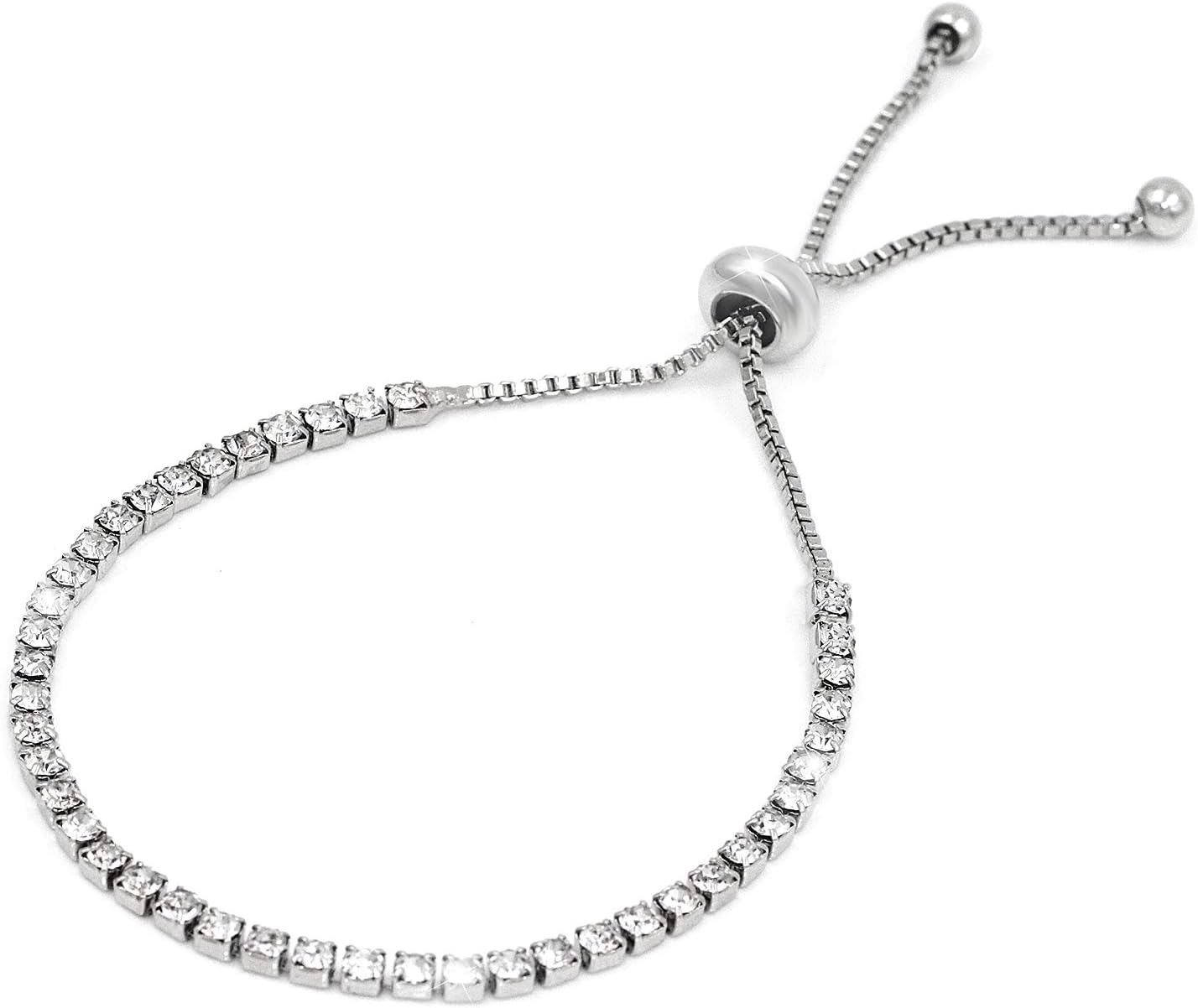 DTWAWA Womens Silver Tennis Bracelet, Silver Plated Design with Cubic Zirconia. Adjustable Ladies Bracelet Perfect Jewellery Gift for Women