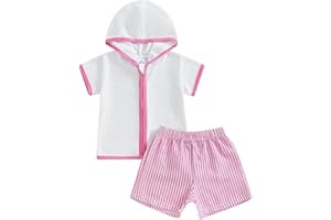 Toddler Baby Boy Girl Swim Cover Up Towel Terry Zipper Hooded Tops Seersucker Shorts Set Coverup Beach Bathing Suit