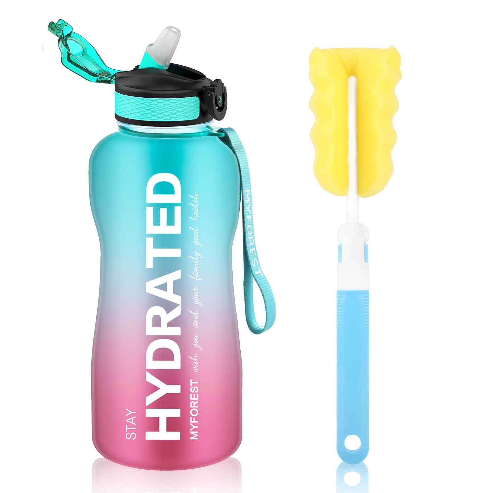 MYFOREST Sports Water Bottle, Time Marker for Motivational Hydration, Drop-proof, BPA-free, Wide Mouth for Easy Clean: Cold/Hot/Carbonated/Cider (2.2 L Cyan-pink, 2200 ml)