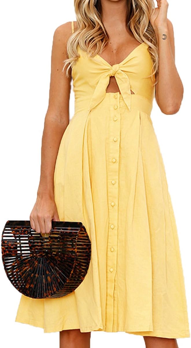 Jennyarn Women Casual Spaghetti Strap Tie Front V Neck Button Down Summer Dress