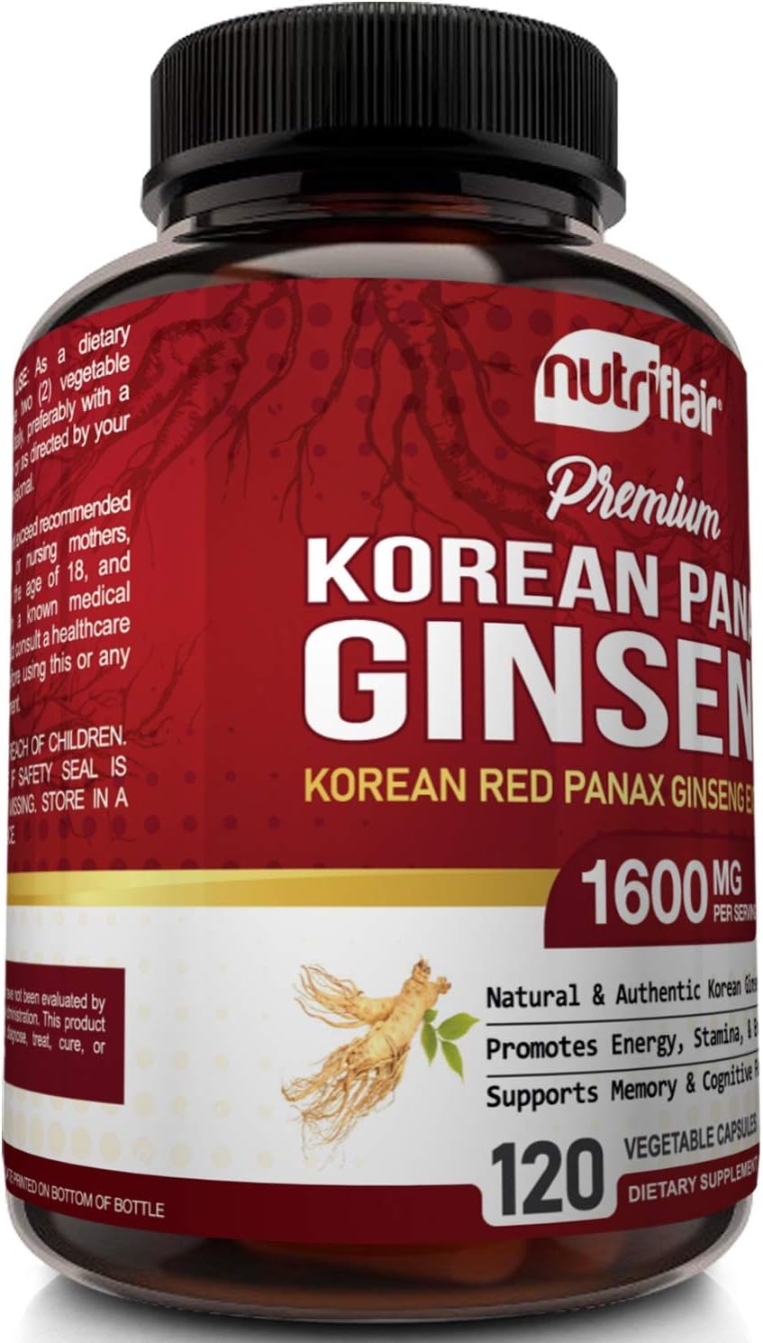 NutriFlair Korean Red Panax Ginseng 1600mg - 120 Vegan Capsules - High Strength Ginseng Root Ginsenosides Extract Powder Supplement - Energy, Focus, Libido, Performance Pills for Women & Men, Non-GMO: Health & Personal Care