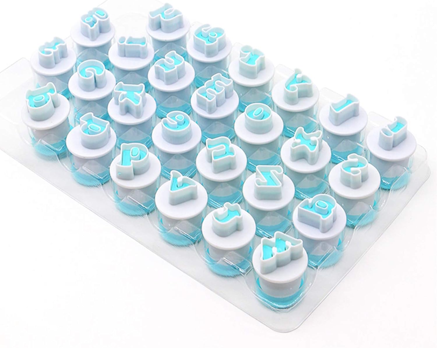 Small Letter Stamp Cookie Cutters Set of 26 pcs, Mini Lowercase Alphabet Spring Stamping Cutters Food Grade Plastic Direct Embossing Fondant Stamper Set for Cake Pastry Baking DIY (White & Blue)