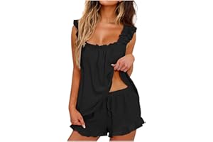 Lightweight Summer Pajamas for Women 2 Piece Bridal Pjs Sets Cute Ruffle Sleeveless Tank Tops with Shorts Sleepwear