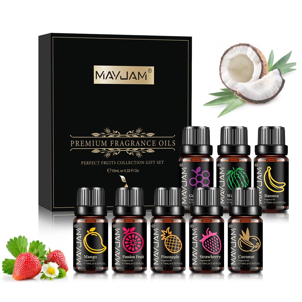 MAYJAM Fruity Fragrance Oil Set 8 x 10ML, Essential Oils Set for Diffuser - Aromatherapy, DIY - Mango, Passion Fruit, Strawberry, Watermelon, Coconut, Pineapple, Banana, Grape