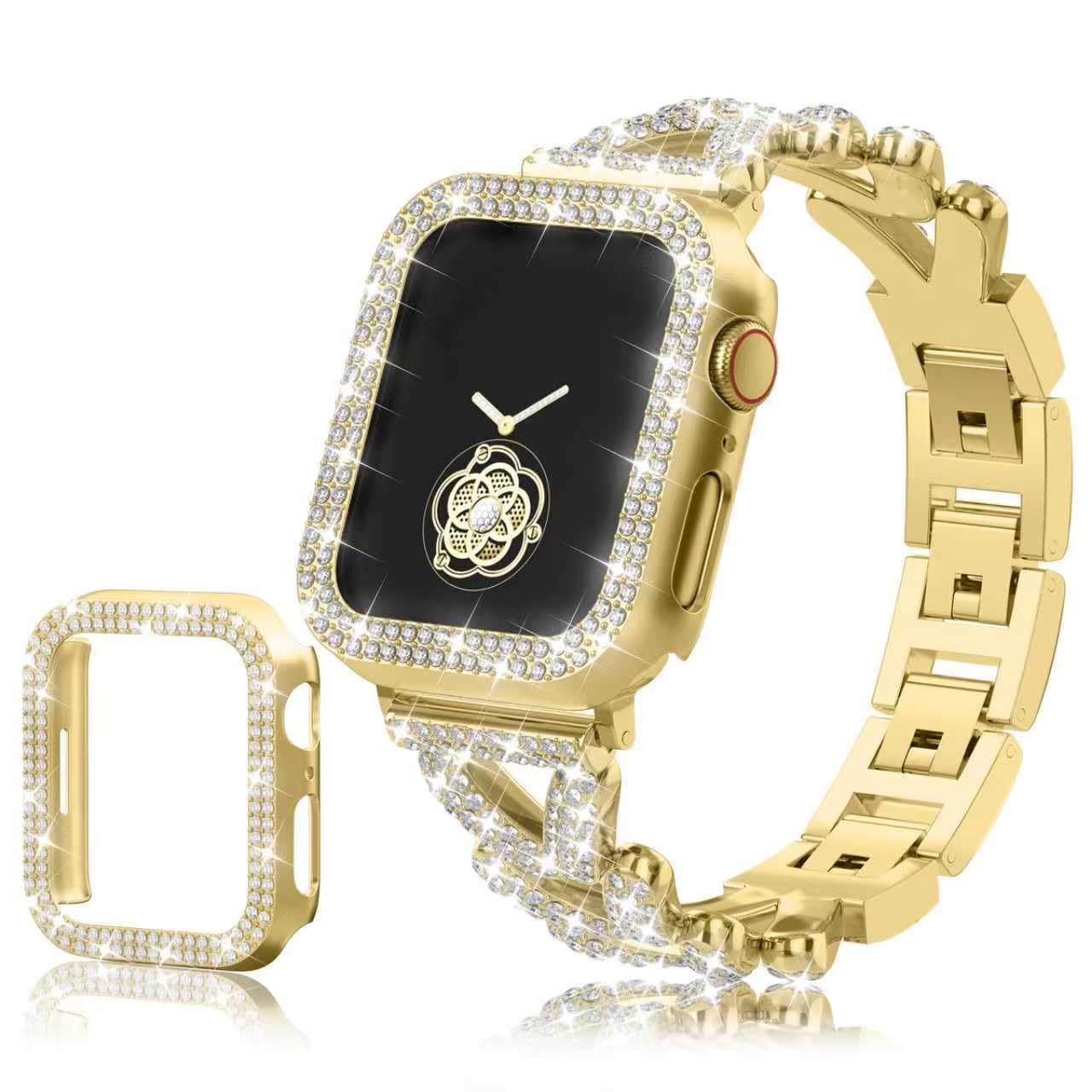 Musk-MSKR Gold Bracelet and Case, Compatible with Apple Watch Bands for Women 38mm-49mm (Series 11/1/SE/Ultra 3),Bling Rhinestones Encrusted Jewelry Strap, Luxury iWatch Bracelet with Case