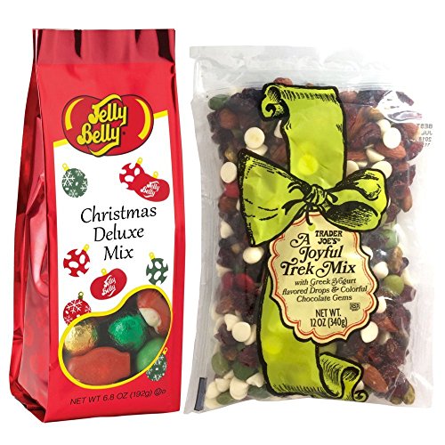 Jelly Belly Christmas Deluxe Mix (6.8 Ounce) and Trader Joes Joyful Trek Mix (12 Ounce) Holiday Tasty Treat Bundle