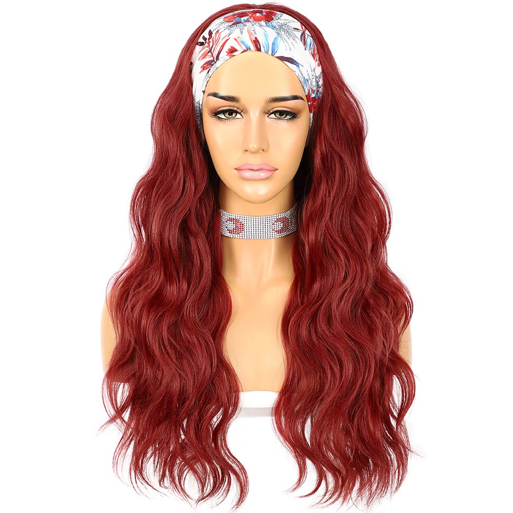 Sapphirewigs Body Wave Headband Wig Synthetic Long Wavy Wigs for Women Glueless Red Hair Natural Looking 150% Density 26 inch