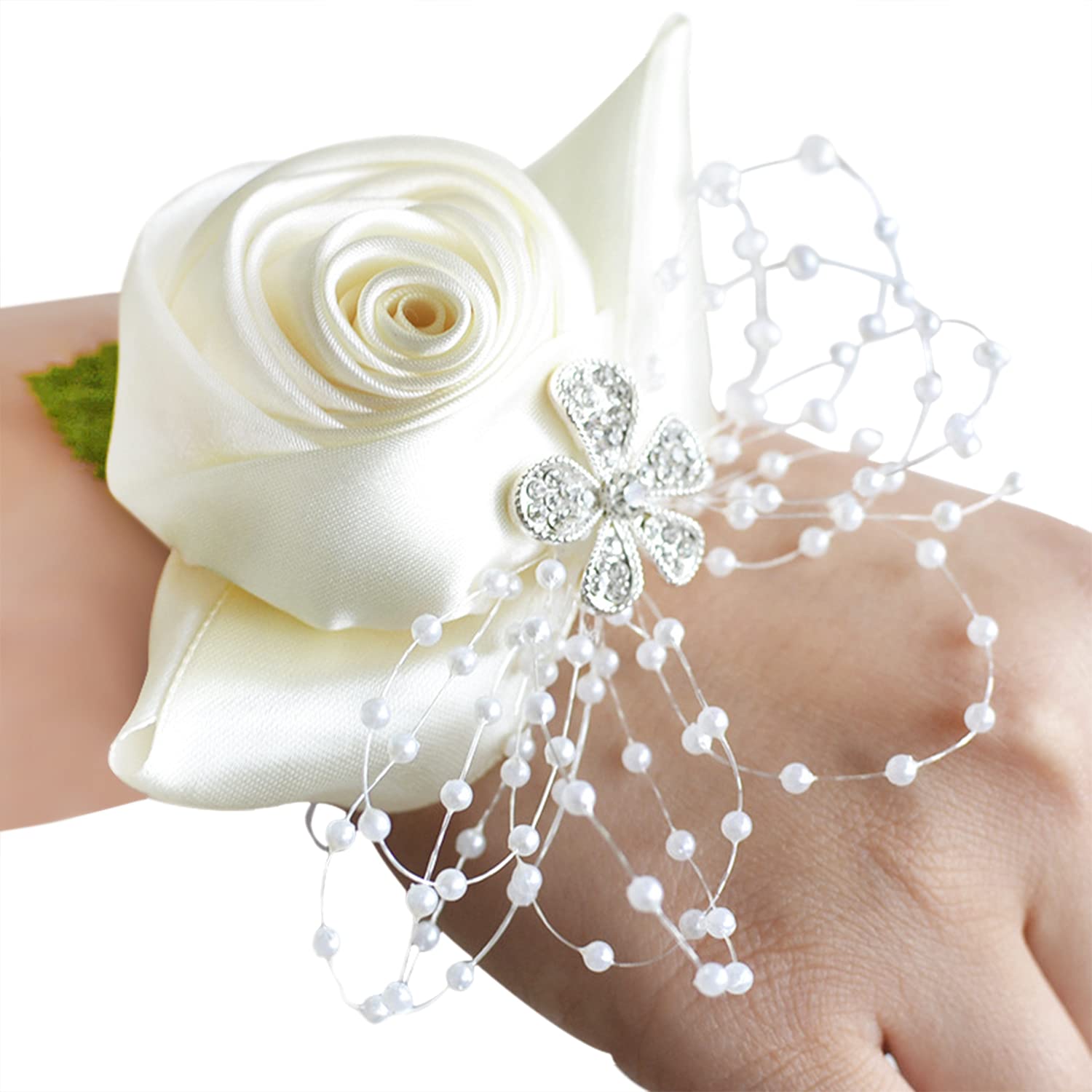 NICEYEA Flower Wrist Corsage Bridesmaid Wedding Wrist Flower Corsage Hand Flowers with Peal Artificial Bride Flowers Bridal Prom Accessories for Wedding Dance Party