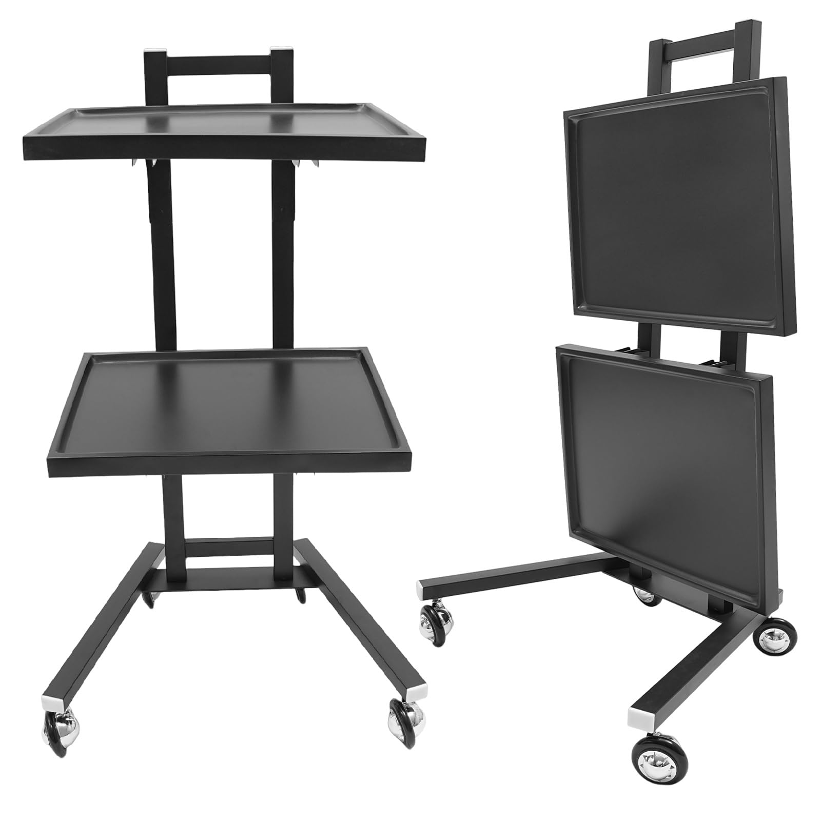 Photo 1 of 2 Tier Metal Rolling Cart, Stainless Steel Salon Tray with Wheels, Foldable Utility Carts, Folding Rolling Salon Tray Trolley for Tattoo (Black)