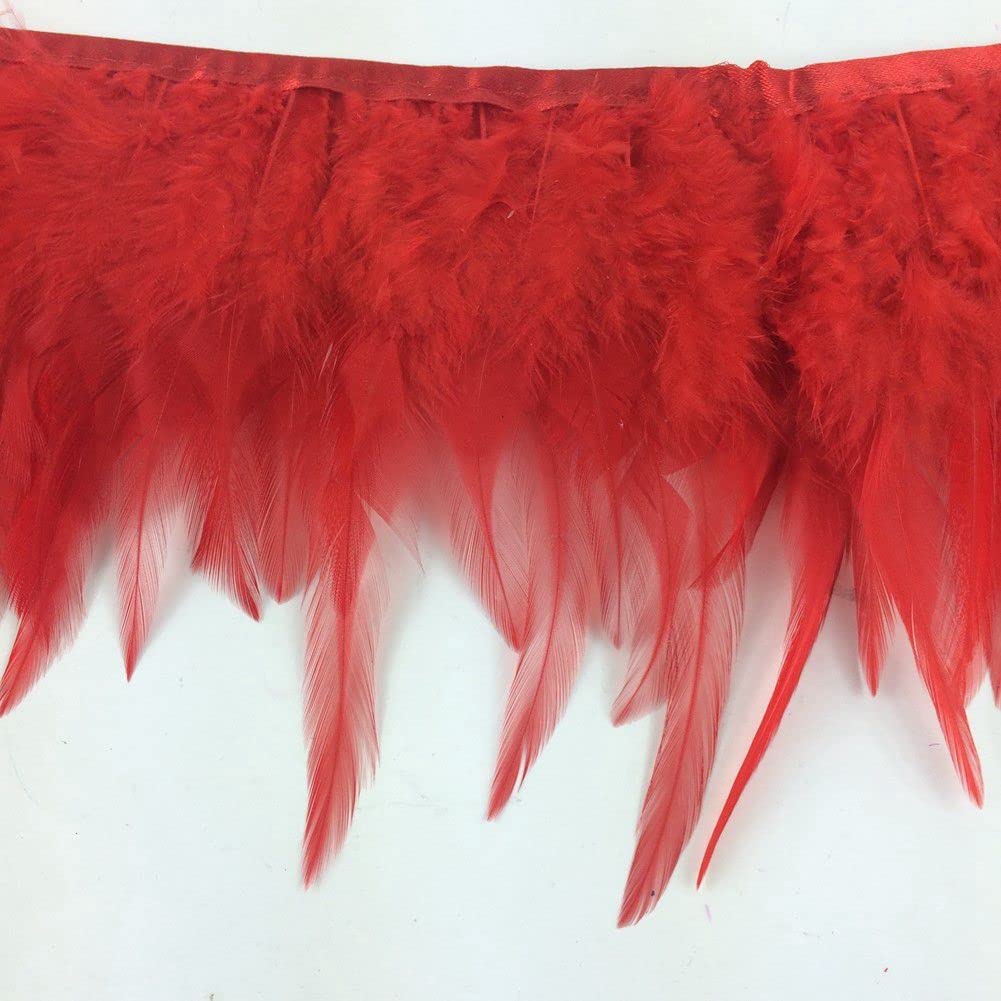 Sowder 2 Yards Natural Rooster Hackle Feather Trim Fringe 4-6" in Width Dress DIY Decoration (red)