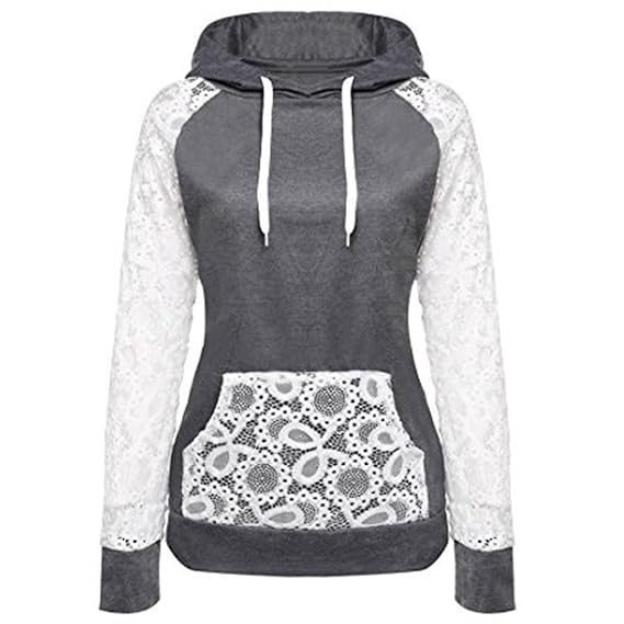 iHENGH Damen Womens Lace Patchwork Kapuzenpullover Pullover Hoodie Mantel Oberbekleidung Tops