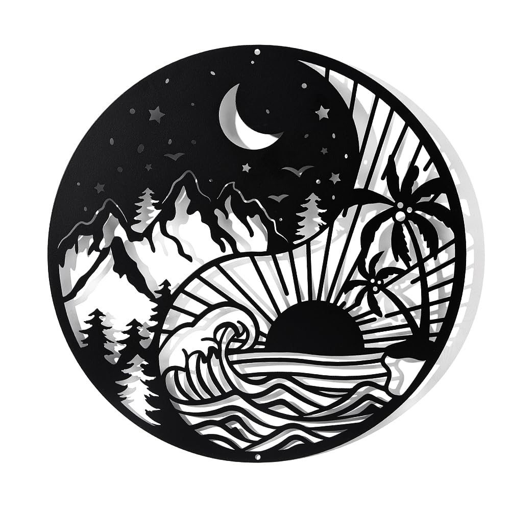 nbeads Yin Yang Metal Wall Decoration, 30 cm Moon Sun and Stars Wall Decoration Tree of Life Wall Decor Forest Trees and Mountains Silhouette Wall Decoration for Bedroom Living Room Decor — image 1