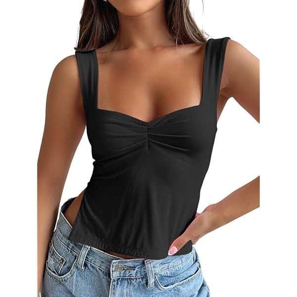 QJQ Women's Bow Detail Ribbed Crop Tank Top - Sleeveless, Crew Neck, Split Hem Y2K Style
