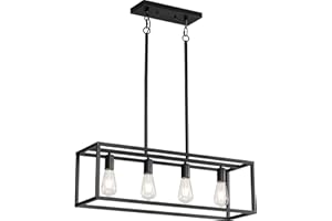 XISLTHOTSL Black 4-Light Industrial Vintage Chandelier, Modern Linear Rectangular Cage Hanging Light Fixture for Farmhouse Kitchen, Dining Room, Bar, Living Room