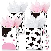 Nezyo 16 Set Cow Party Favors Bag with Tissue Paper and Stickers, Cow Print Gifts with Handles, Farm Themed Goodie Treat Candy Kraft Paper Bags for Kids Cow Farm Animals Birthday Party Supplies