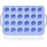 Vnray Mini Silicone Muffin Pan with Metal Frame, Non Stick Silicone Cupcake Pan with Handles 24 Cup, BPA Free Silicon Muffin Tin Tray Small for baking, egg bites, Cupcake Mold Blue