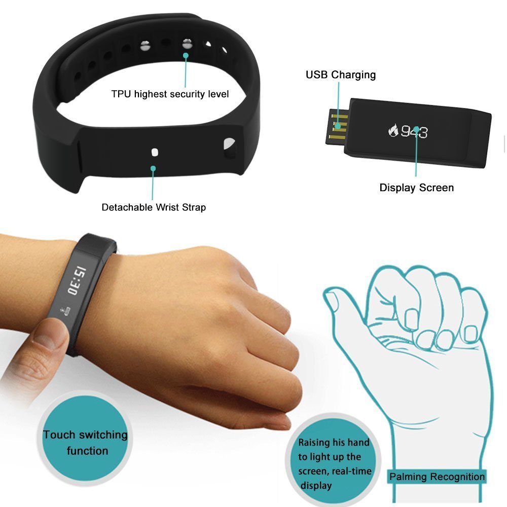 SinoPro i5 Plus Smart Bracelet Fitness Tracker Smart Wristband Bluetooth Activity Tracker with Waterproof Touch Screen Pedometer Sleep Monitor for iPhone, Samsung and other Smartphones (Black)