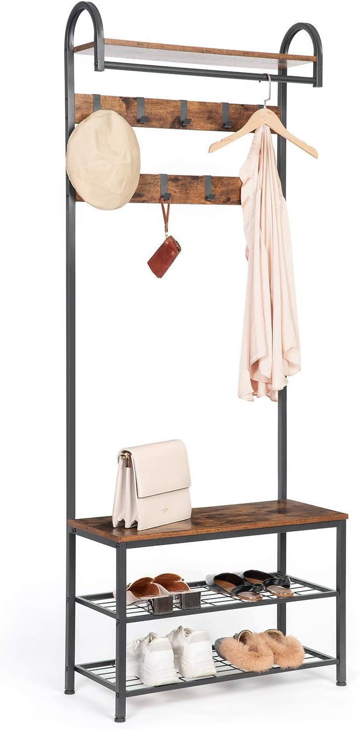 HOOBRO Coat Rack Shoe Bench, Industrial Hall Tree with Storage Shelf, Entryway Storage Organizer, 4 in 1 Design, Accent Furniture with Metal Frame, Easy Assembly, Rustic Brown BF13MT01: Home Improvement