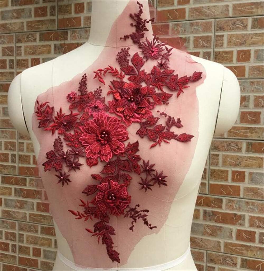 Hava Kolari 3D Embroidery Three-Dimensional Pearl Flower Sequin Motif Rhinestone Tulle Trimming Fabric Application Wedding Dress Neckline DIY Sewing Embroidery Wine red