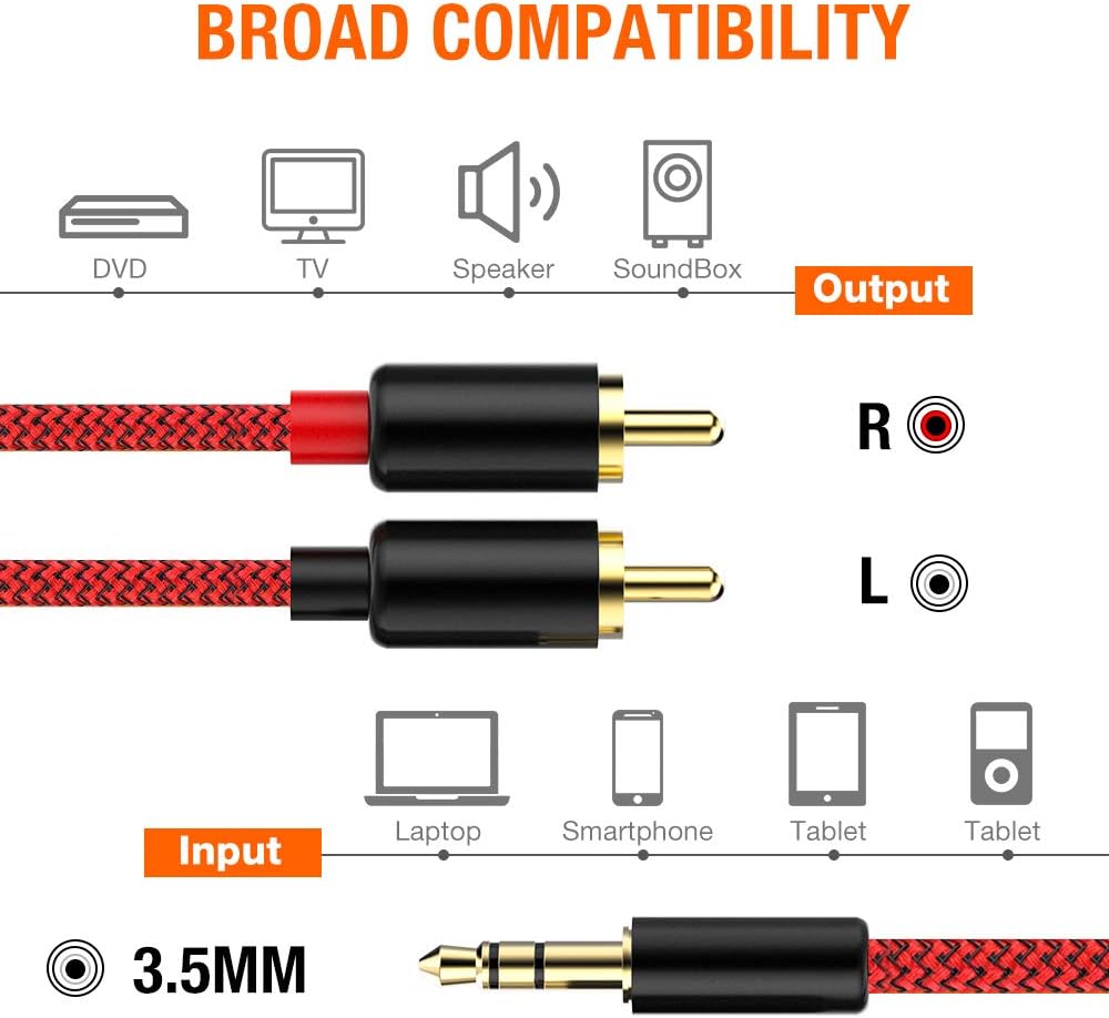 2 Pack RCA Cable, Oldboytech 3.5mm Male to 2RCA Adapter Audio Cable [6 Feet, Hi-Fi Sound] Nylon-Braided AUX Y Cord for Stereo Receiver Speaker Smartphone Tablet HDTV MP3 Player Echo Dot (Red): Industrial & Scientific