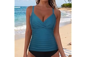 Women's V Neck Tankini Top Tummy Control Bathing Suit Tops Ruched Swim Top
