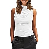 Tankaneo Womens Sleeveless Tank Tops Slim Fitted Mock Neck Draped Stretchy Summer Casual Ruched Tops