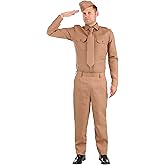 WW2 Adult Army Costume | Khaki Soldier Military Uniform for Halloween | Shirt, Pants, Necktie, & Hat