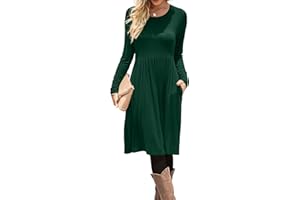 DB MOON Women Casual Long Sleeve Dresses Empire Waist Knee Length Loose Dress with Pockets