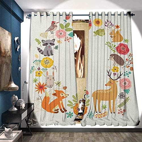 Window Curtain Drape European Forest Fauna and Flora with Deer Fox Raccoon and Roses Cartoon Wildlife Decor Curtains by W84 x L84 Multicolor
