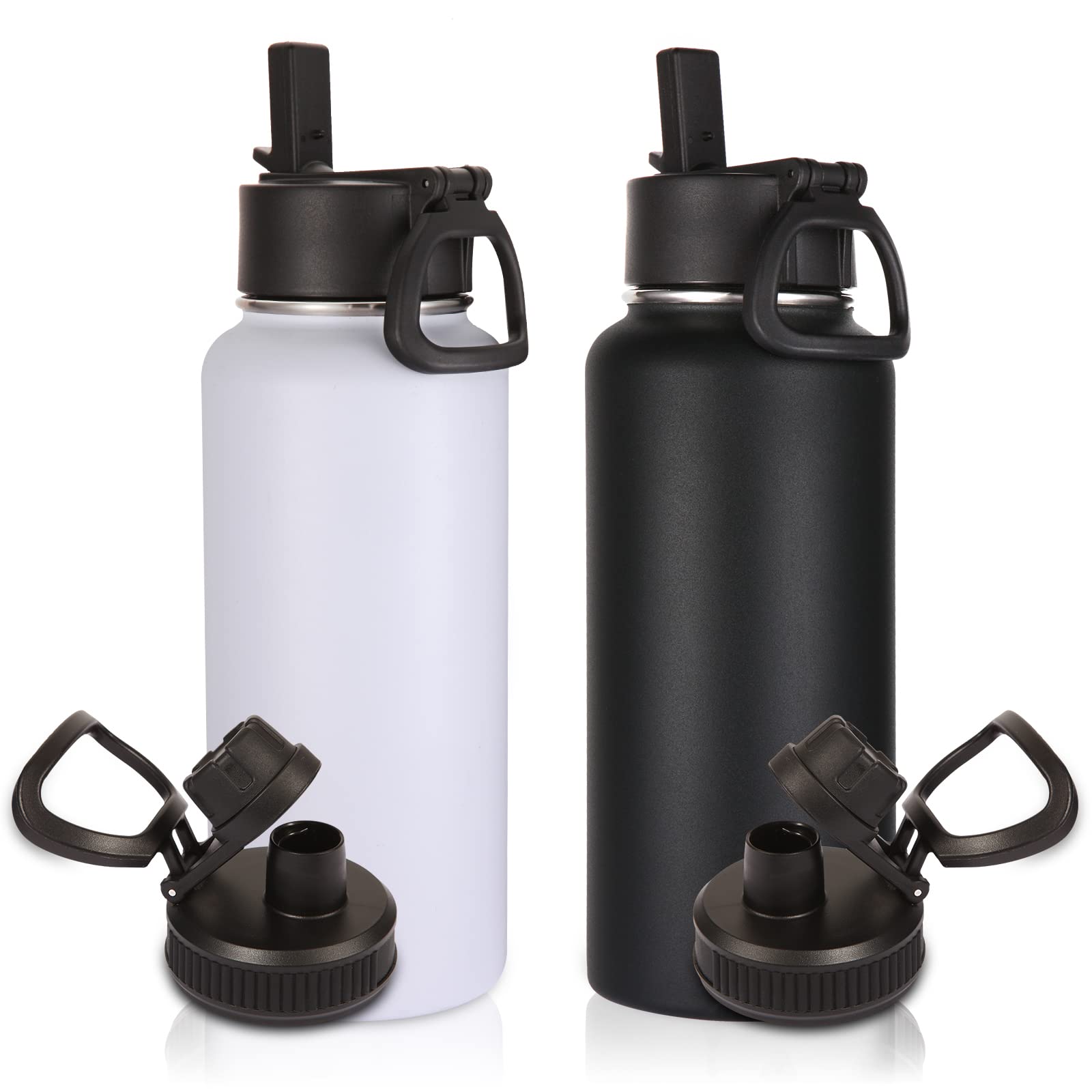 Volhoply 1 Litre Insulated Water Bottles Bulk 2 Pack with Straw & Spout Lid,Stainless Steel Sports Water Bottle,Double Wall Vacuum Tumbler,Leakproof Wide Mouth Metal Flask for Hiking,Camping(Mix,2)