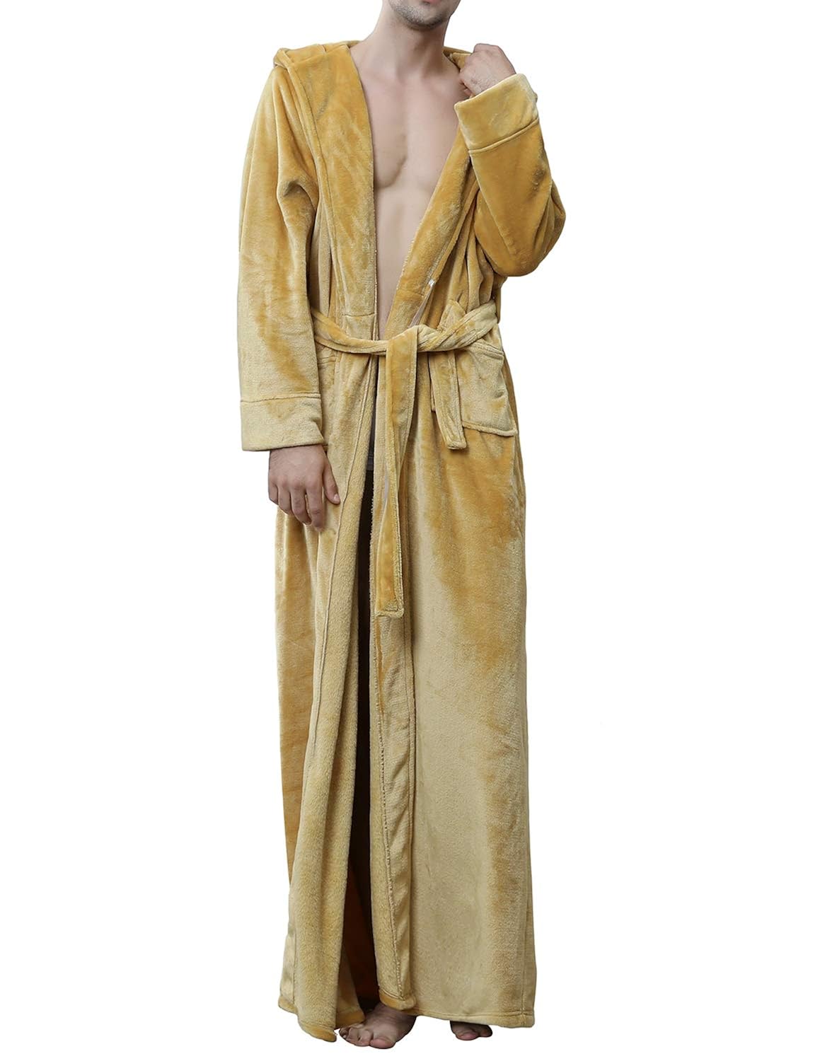 Earlish Mens Microfleece Flannel Robe Soft Warm Ultra Long Hooded Floor