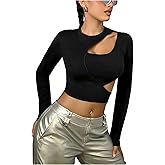 Milumia Women's Y2k Cut Out Crop Top Crewneck Long Sleeve Night Out Fitted Rave Tops Tee