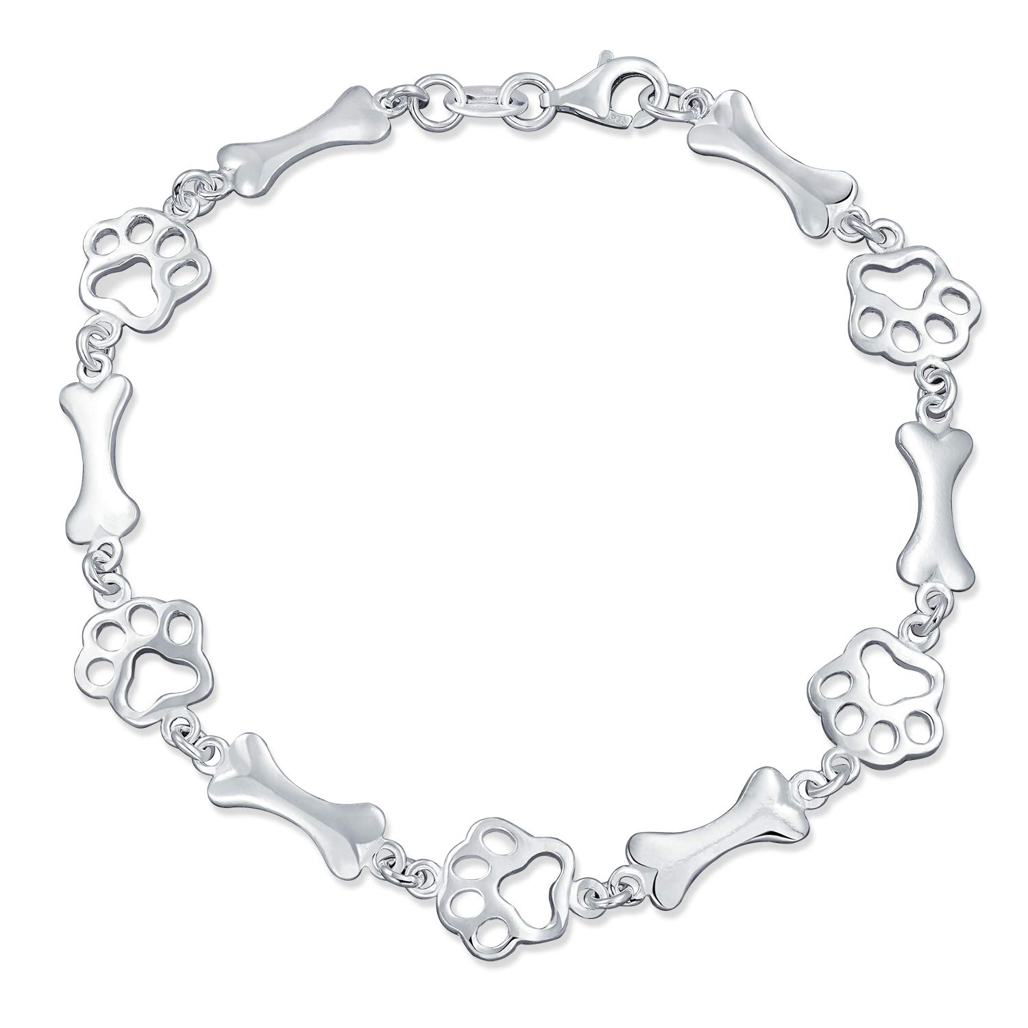Bling Jewelry Layering Best Friend Animal Multi BFF Pet Lover Dog Puppy Link Multi Charm Bone & Paw Print Bracelet for Women Teenagers .925 Sterling Silver 7.5 Inch