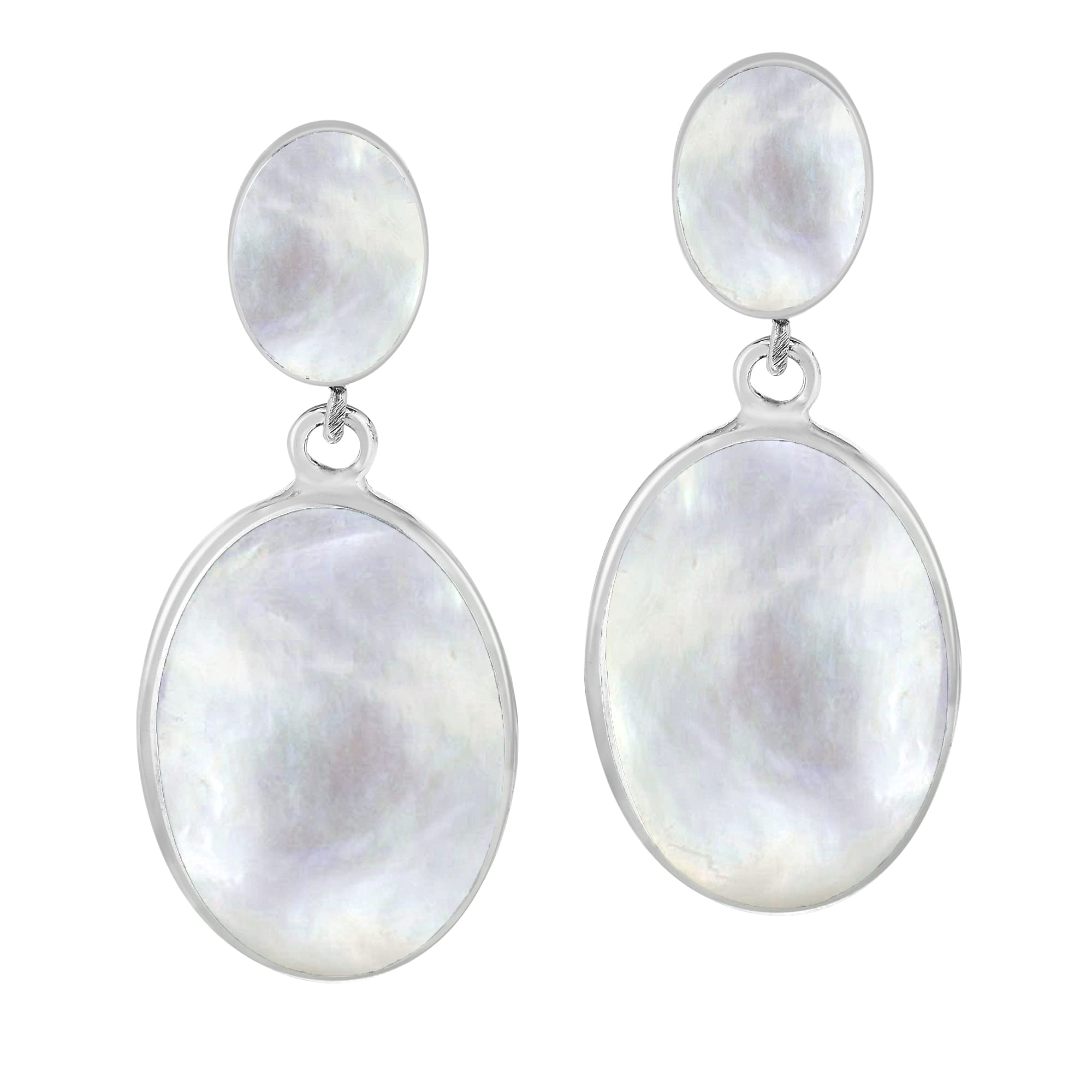 Classy Double Oval White Mother of Pearl Inlay .925 Sterling Silver Post Drop Dangle Earrings
