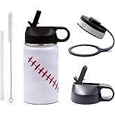 12 oz Baseball Water Bottle, Sports Flask Metal Travel Tumbler with 2 Lids, Stainless Steel Double Wall Vacuum Insulated Leak Proof Thermo Water Bottles, Baseball Accessories Gifts for Mom Boys Girls