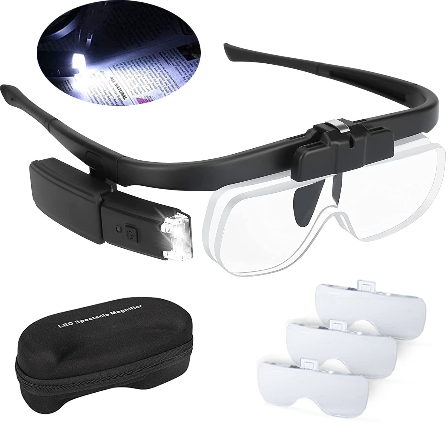 LED Illuminating Magnifying Glasses with 2 Lights, Magnifying Glass Headband for Reading, Precision Work, Watchmakers, Visually Impaired, Handheld, USB, Rechargeable and Interchangeable Magnifying