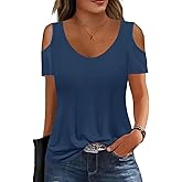 Soesdemo Women Summer Tops Scoop Neck Cold Shoulder Short Sleeve 2024 Loose Fit Basic Tee Shirts
