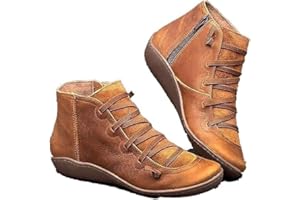 KRAOIKK Womens Boots Fall Ladies Boots Flat Ankle Boots for Women Comfy, Booties for Women Fashion Lace up Side Zip Vintage Booties Flat Heel Casual Walking Short Boots Slip on Sneaker