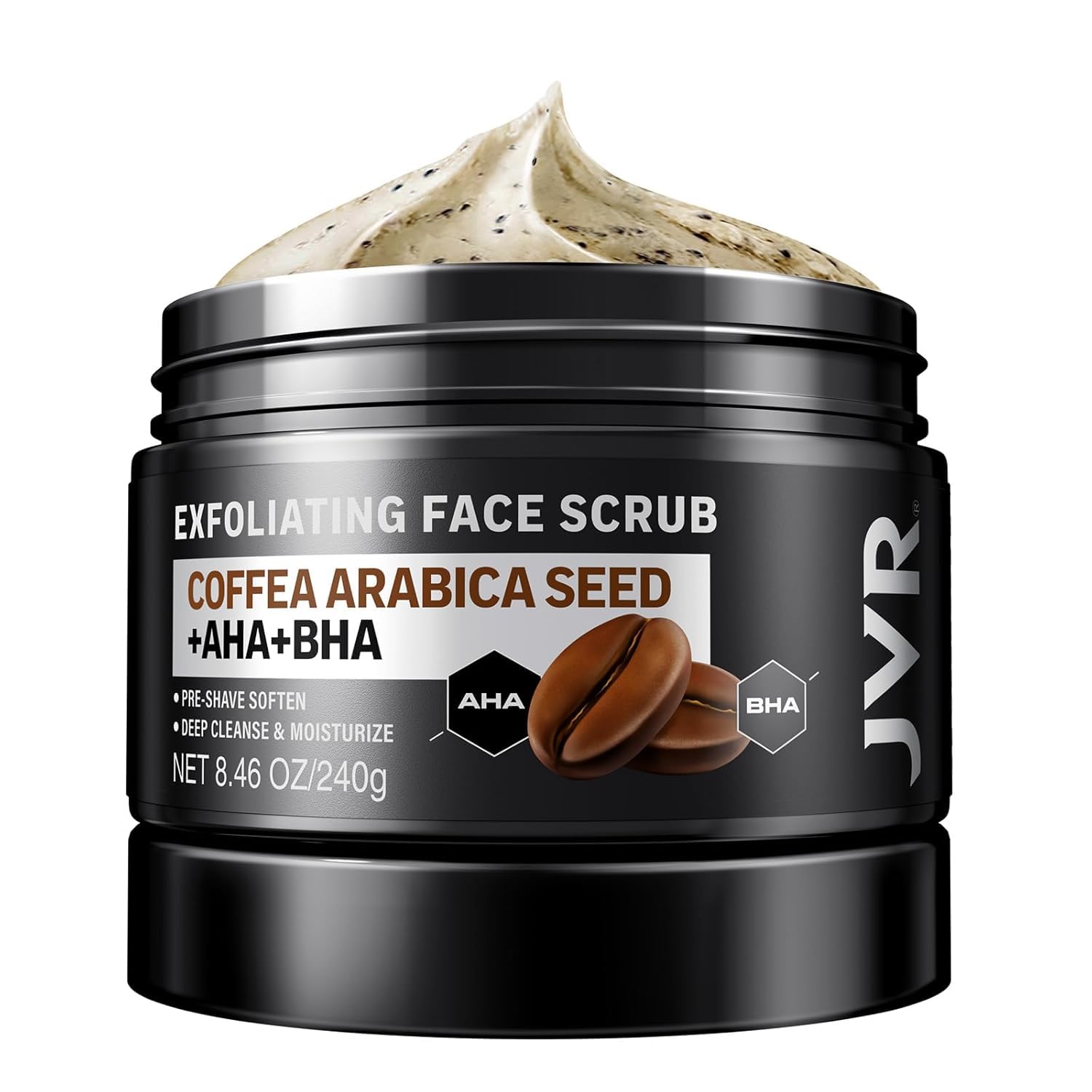 Face Scrub for Men, JVR Coffee Facial Scrub for Deep Exfoliating, Cleansing, Removing Blackheads, Ingrown Hair, Pre-shave Soften, Improve Dark Spot Acne, Facial Exfoliator for All Skin Types, 240ml