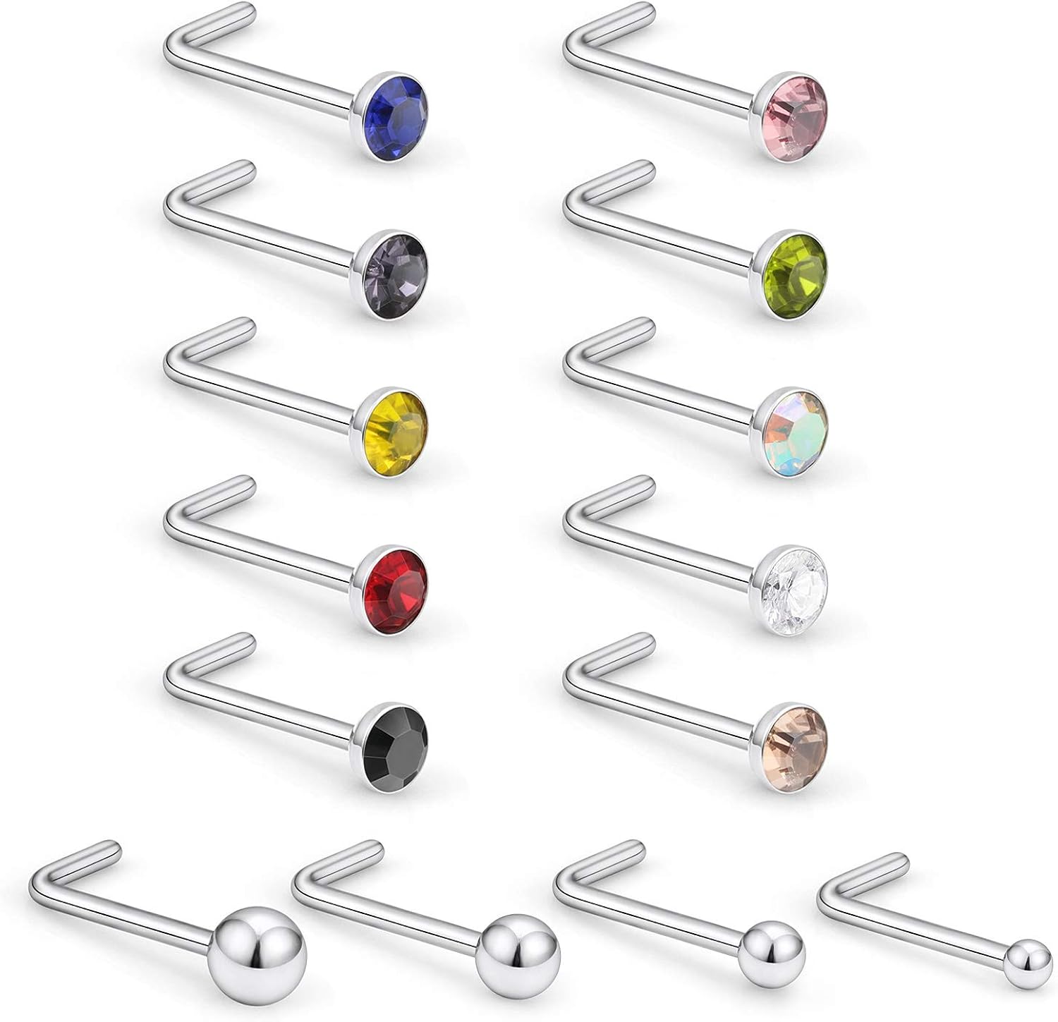 Lcolyoli 14PCS 22G Stainless Steel Nose Rings Studs Crystals L Shaped